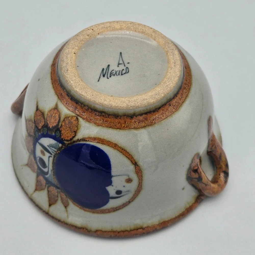 Vintage Tonala Pottery Bowl Sun Moon Celestial Cobalt Blue Hand Painted Mexico